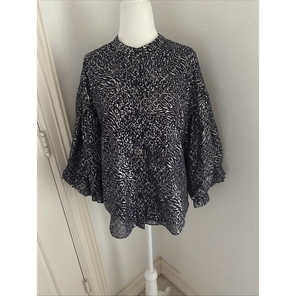 Fate Navy Brown Silver Blouse Small Flowy Dressy